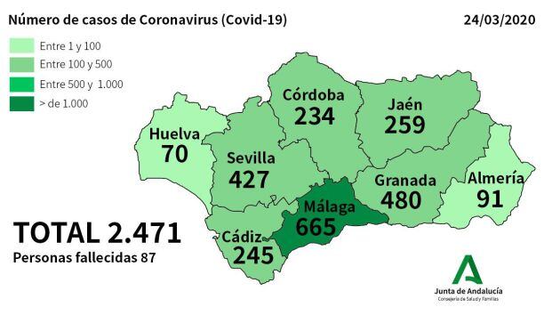 Mapa de la incidencia del coronavirus en Andalucía de acuerdo a los datos del 24 de marzo de 2020