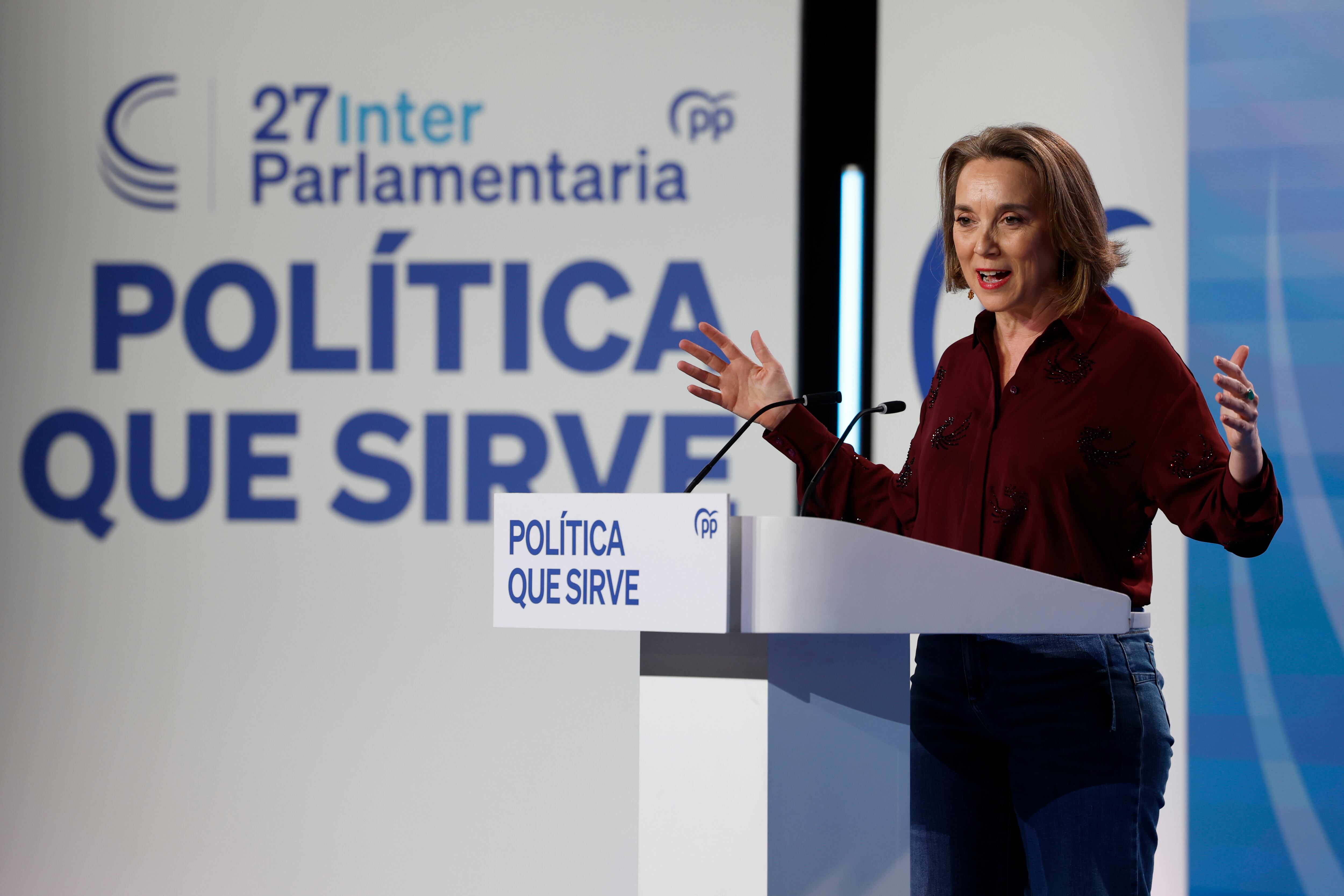 La secretaria general del Partido Popular Cuca Gamarra durante la interparlamentaria del partido celebrada, este sábado, en Sevilla. EFE/Julio Muñoz