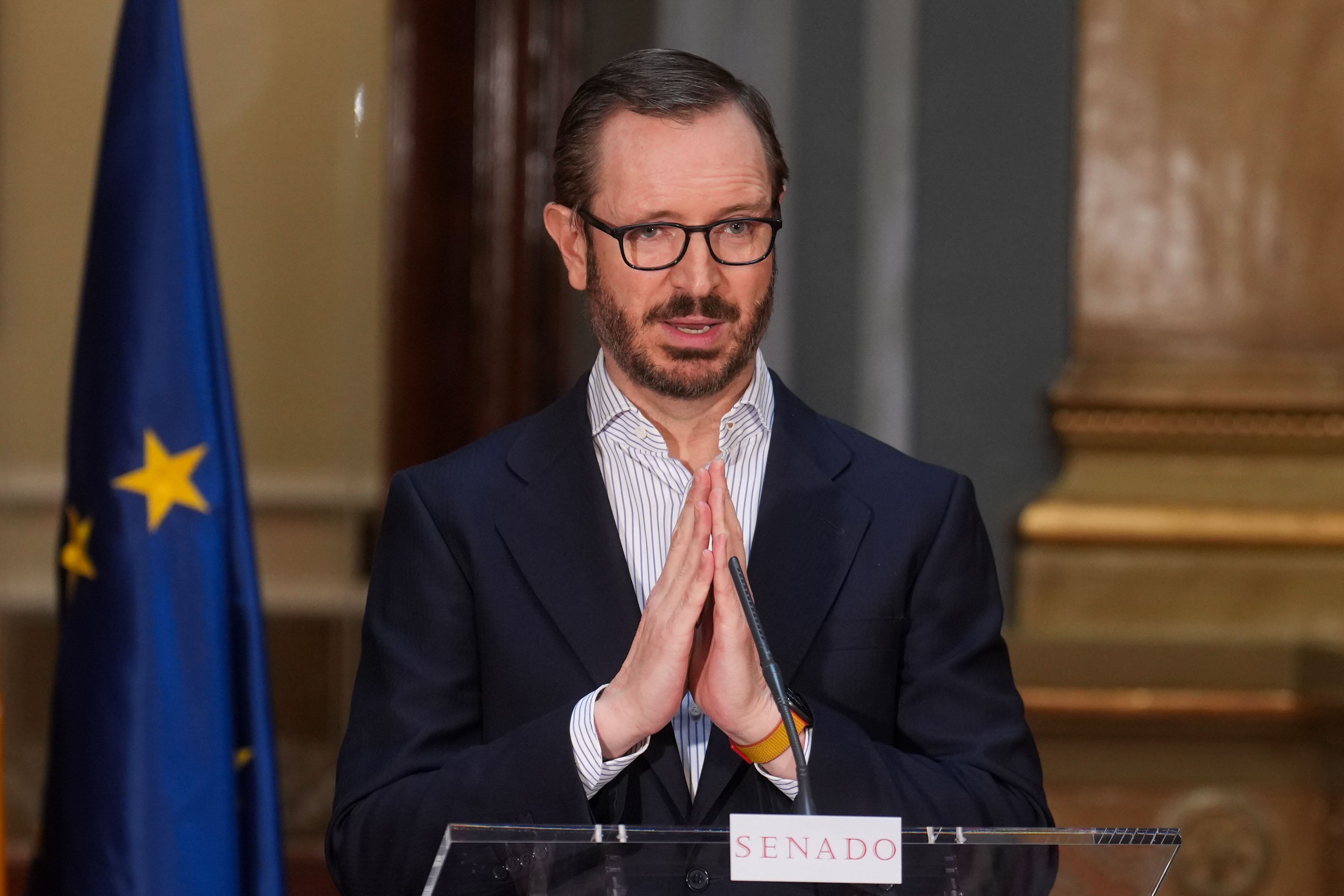 El portavoz del Grupo Parlamentario Popular en el Senado, Javier Maroto, durante la rueda de prensa ofrecida este miércoles tras la Junta de Portavoces del Senado.