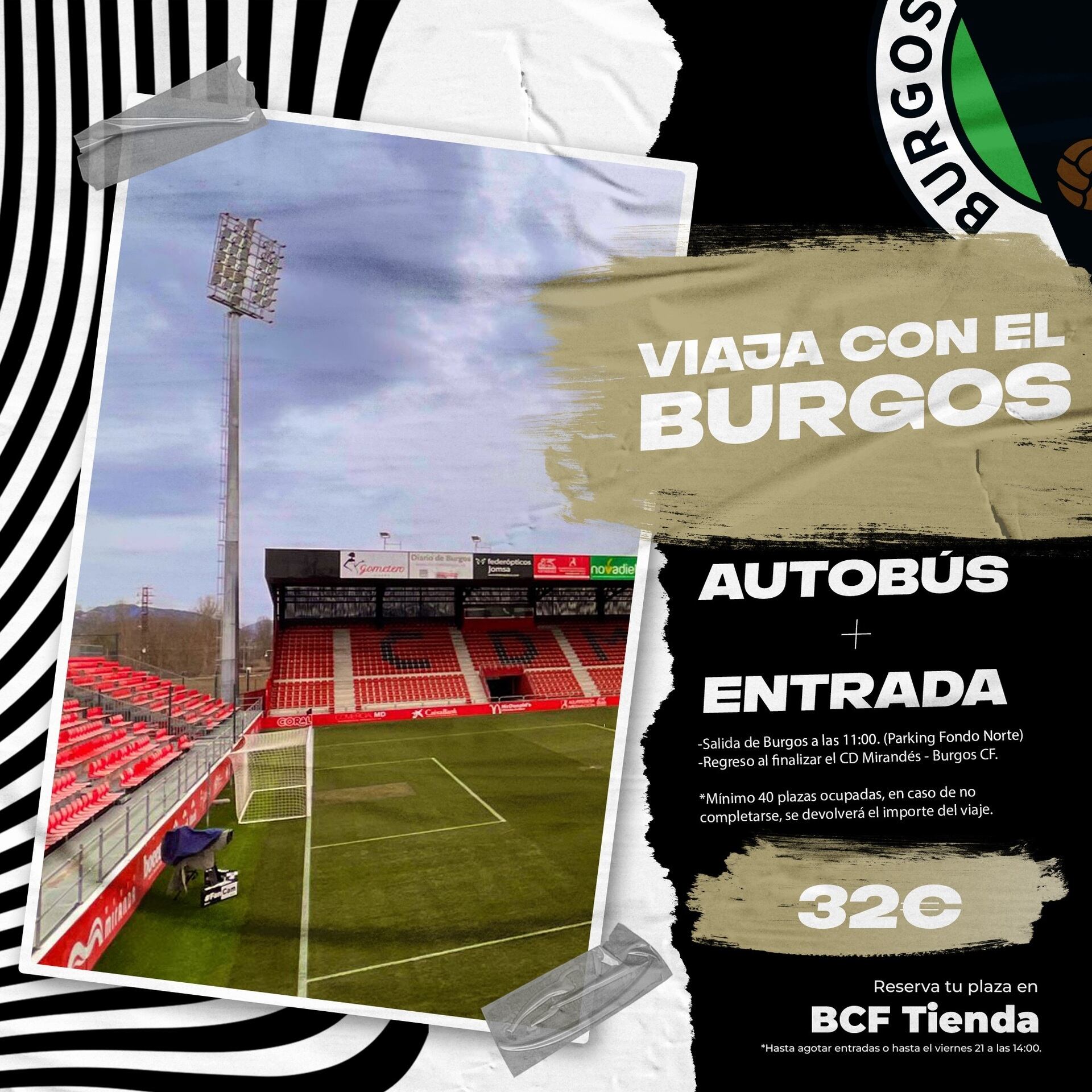 Cartel de la promoción del pack completo (viaje y entrada) al precio de 32 euros que pondrá a la venta el Burgos CF desde el próximo lunes a las 10.00 horas.
