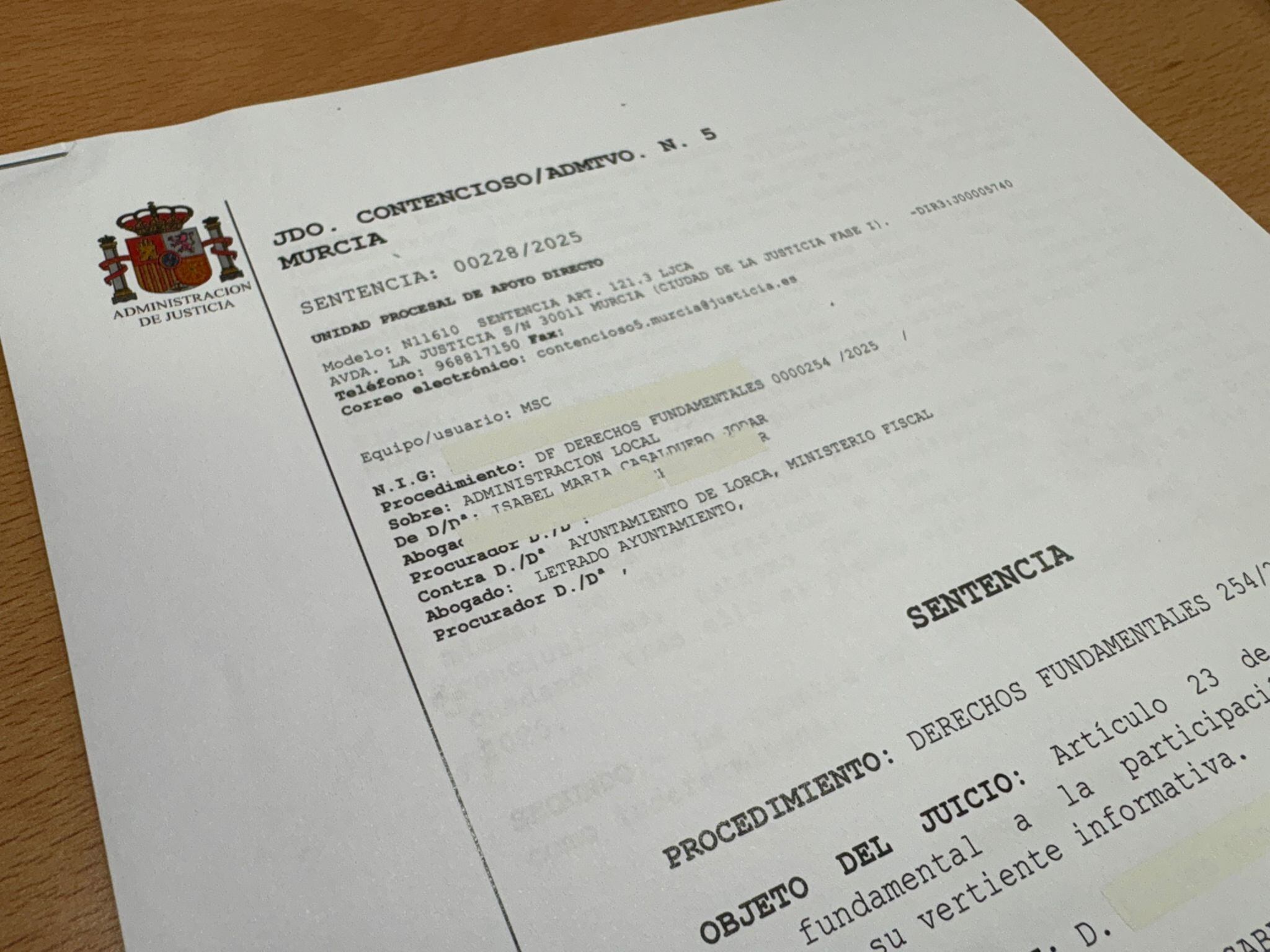 Sentencia del del Juzgado de los Contencioso numero 5 de Murcia.