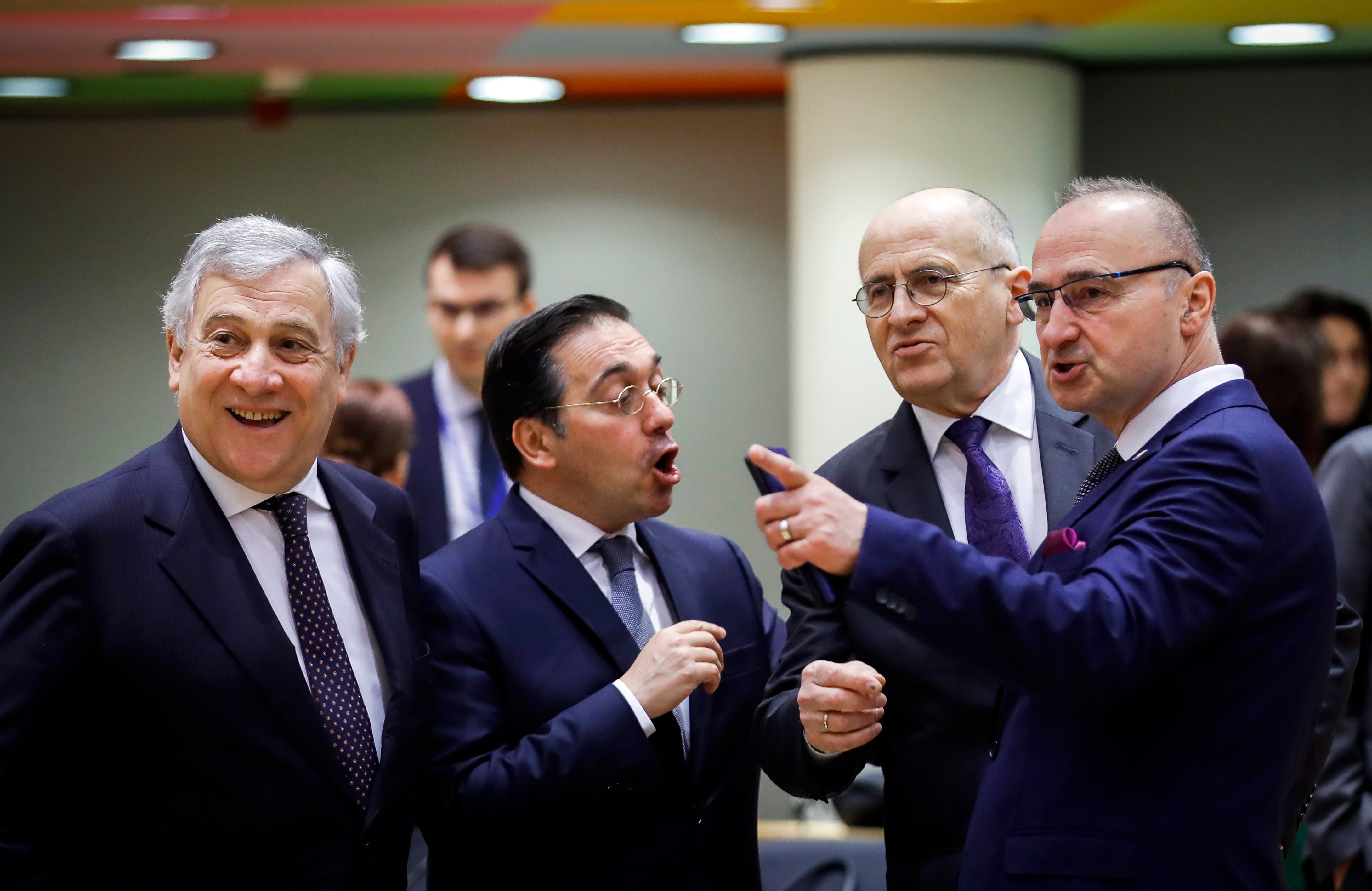 Los ministros de Exteriores italiano, Antonio Tajani; español, José Manuel Albares; polaco, Zbigniew Rau; y croata, Gordan Grlic-Radman, en la cumbre de Bruselas.