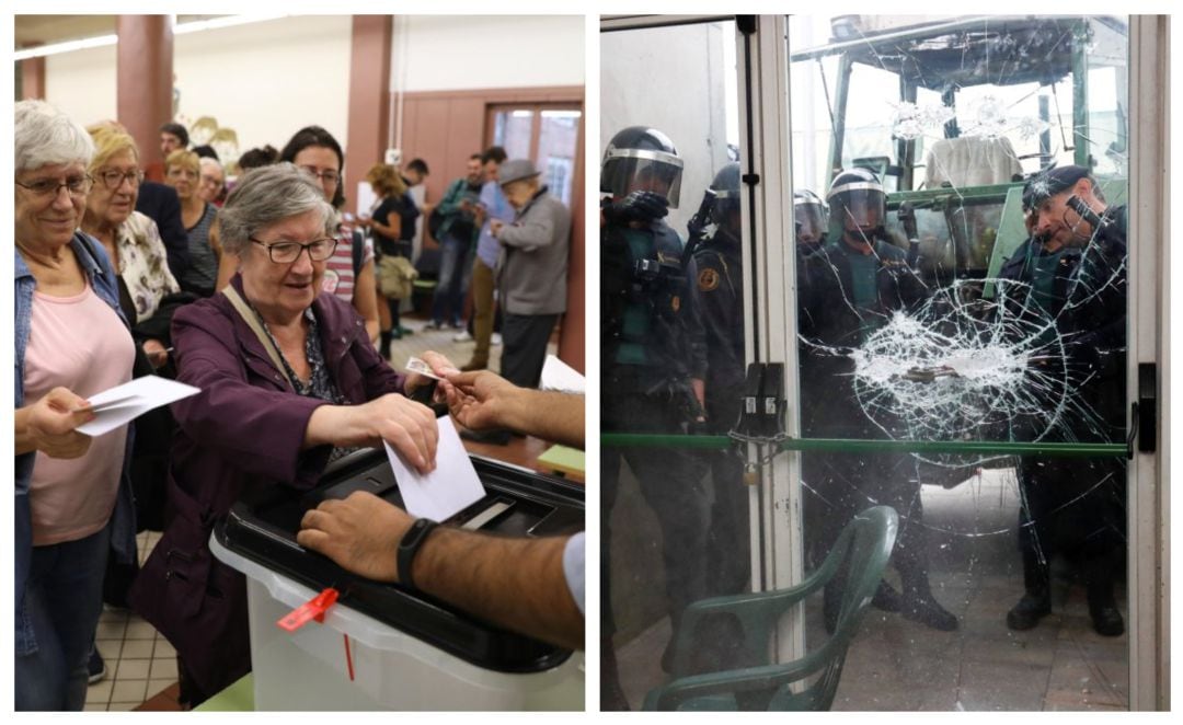 Votantes y agentes de la Guardia Civil durante el 1-O