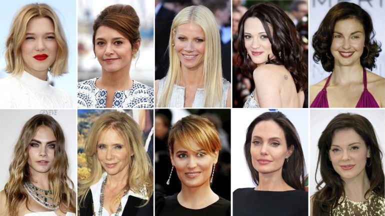 Combo fotográfico con fotos de archivo de las actrices (de izq a der, arriba) Lea Seydoux, Emma de Caunes, Gwyneth Paltrow, Asia Argento, Ashley Judd y (de izq a der, abajo) Cara Delevingne, Rosanna Arquette, Judith Godreche, Angelina Jolie y Rose McGowan