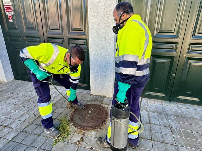 Dos trabajadores municipales realizan el tratamiento de control de plagas
