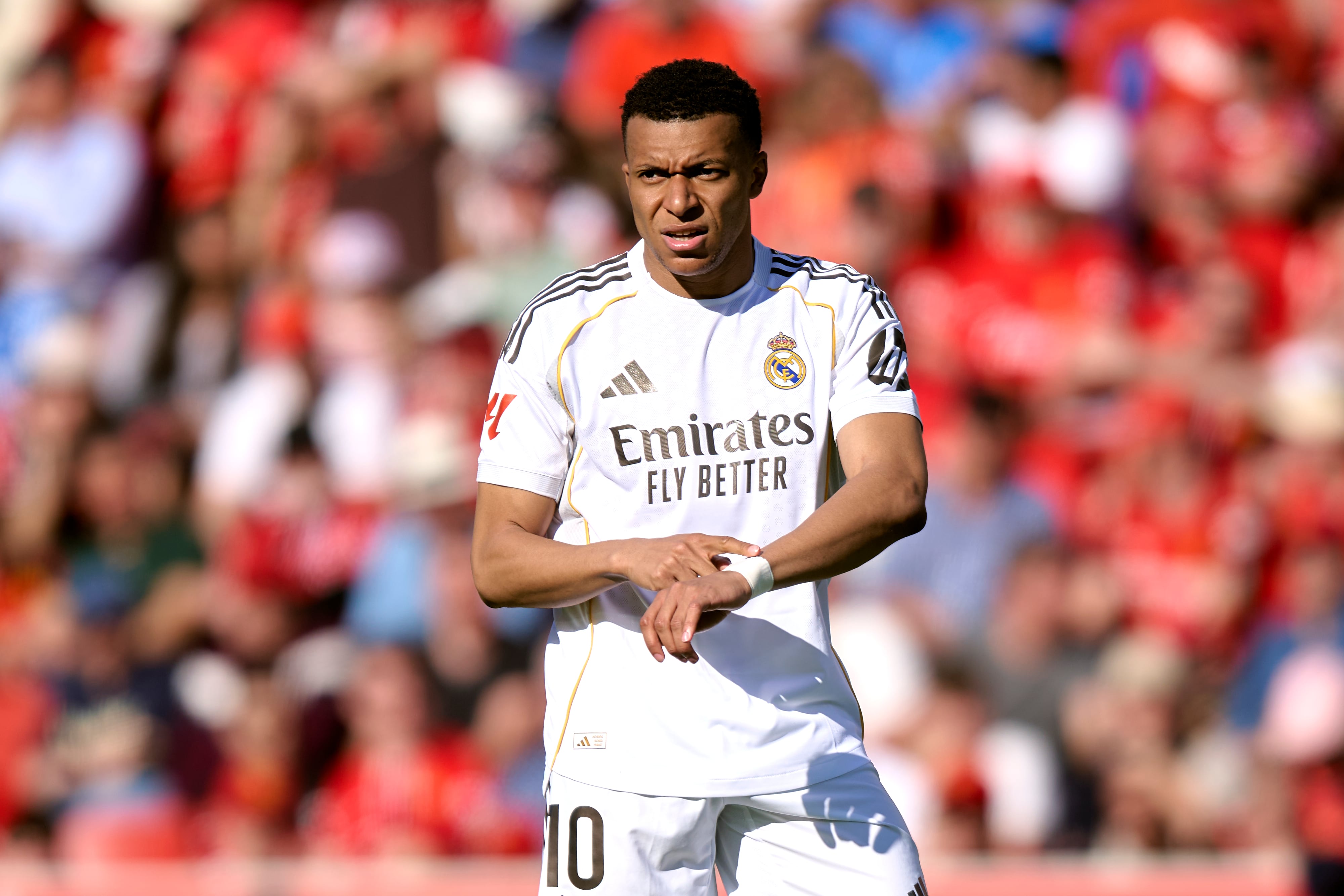 MALLORCA, SPAIN - APRIL 04: Kylian Mbappe of Real Madrid CF reacts during the LaLiga EA Sports match between RCD Mallorca and Real Madrid CF at Estadio de Son Moix on April 04, 2026 in Mallorca, Spain. (Photo by Cristian Trujillo/Quality Sport Images/Getty Images)