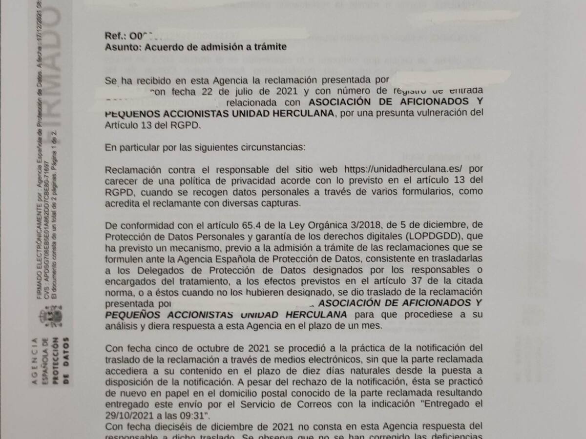 Unidad Herculana, ante la Agencia Española Protección Datos