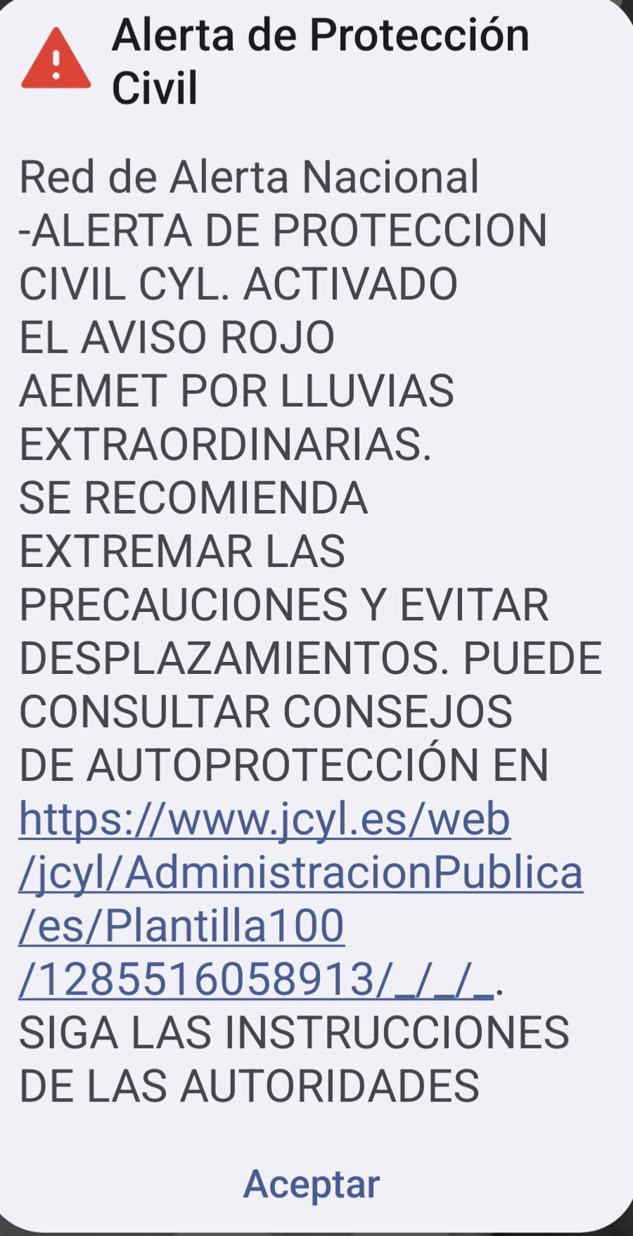 Mensaje de alerta recibido en los móviles