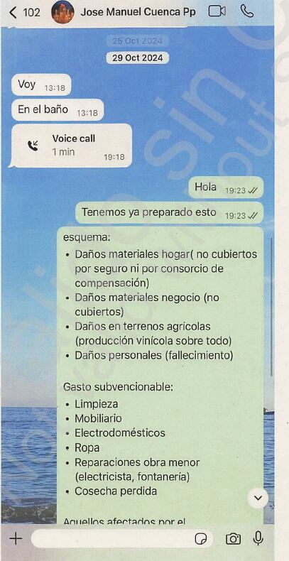 Captura de los mensajes de whatsapp de Cayatano García a José Manuel Cuenca el día de la DANA