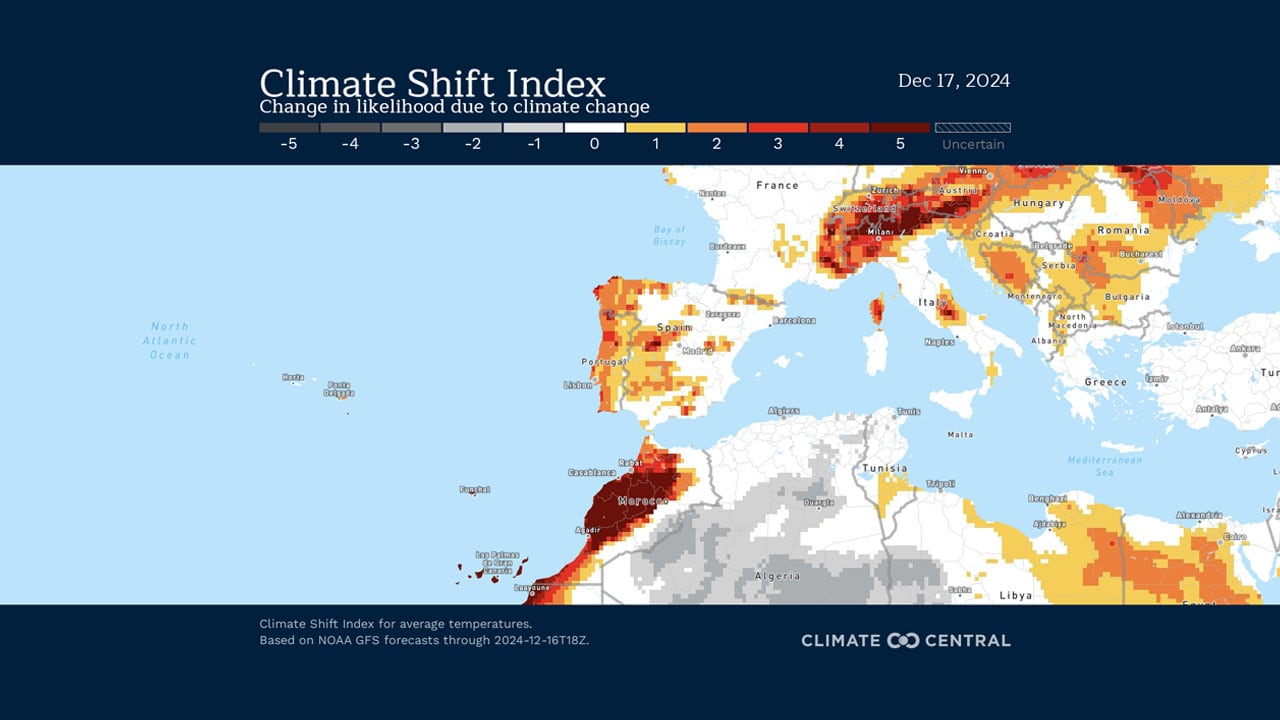 Mapa de &quot;Climate Cental&quot; del impacto del cambio climático en las temperaturas