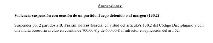 Sanción a Ferran Torres (Comité de Competición).