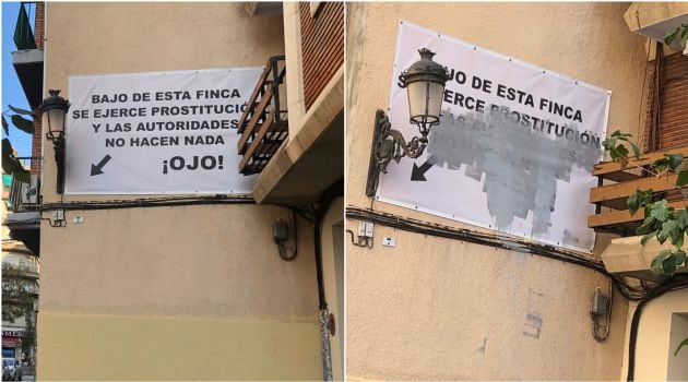 Cartel que han colocado los vecinos para denunciar la situación antes y horas después pintado y tachado