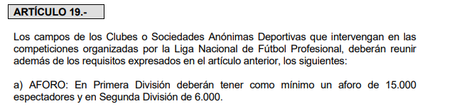 Captura del Artículo 19 del Reglamento General de la Liga Nacional de Fútbol Profesional