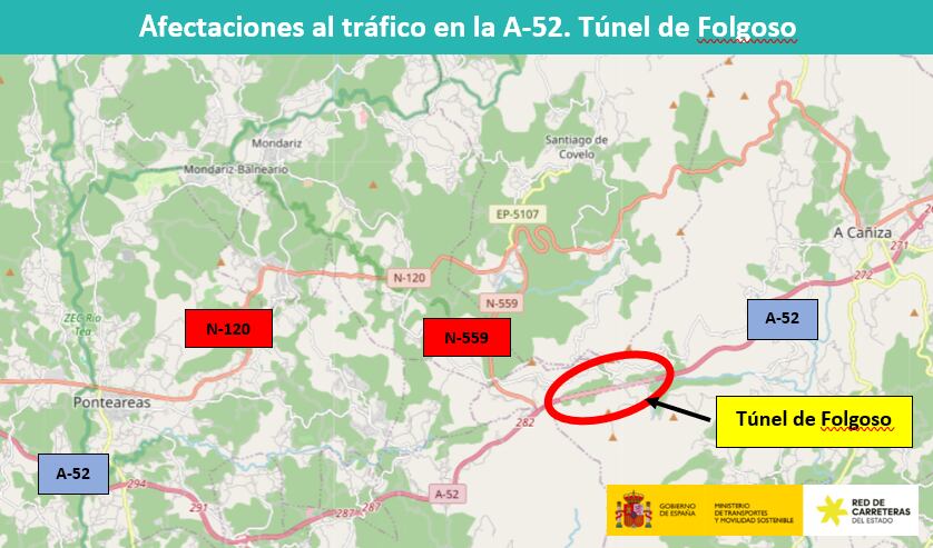 Imagen de las afectaciones al tráfico en la A-52, a la altura del túnel de O Folgoso