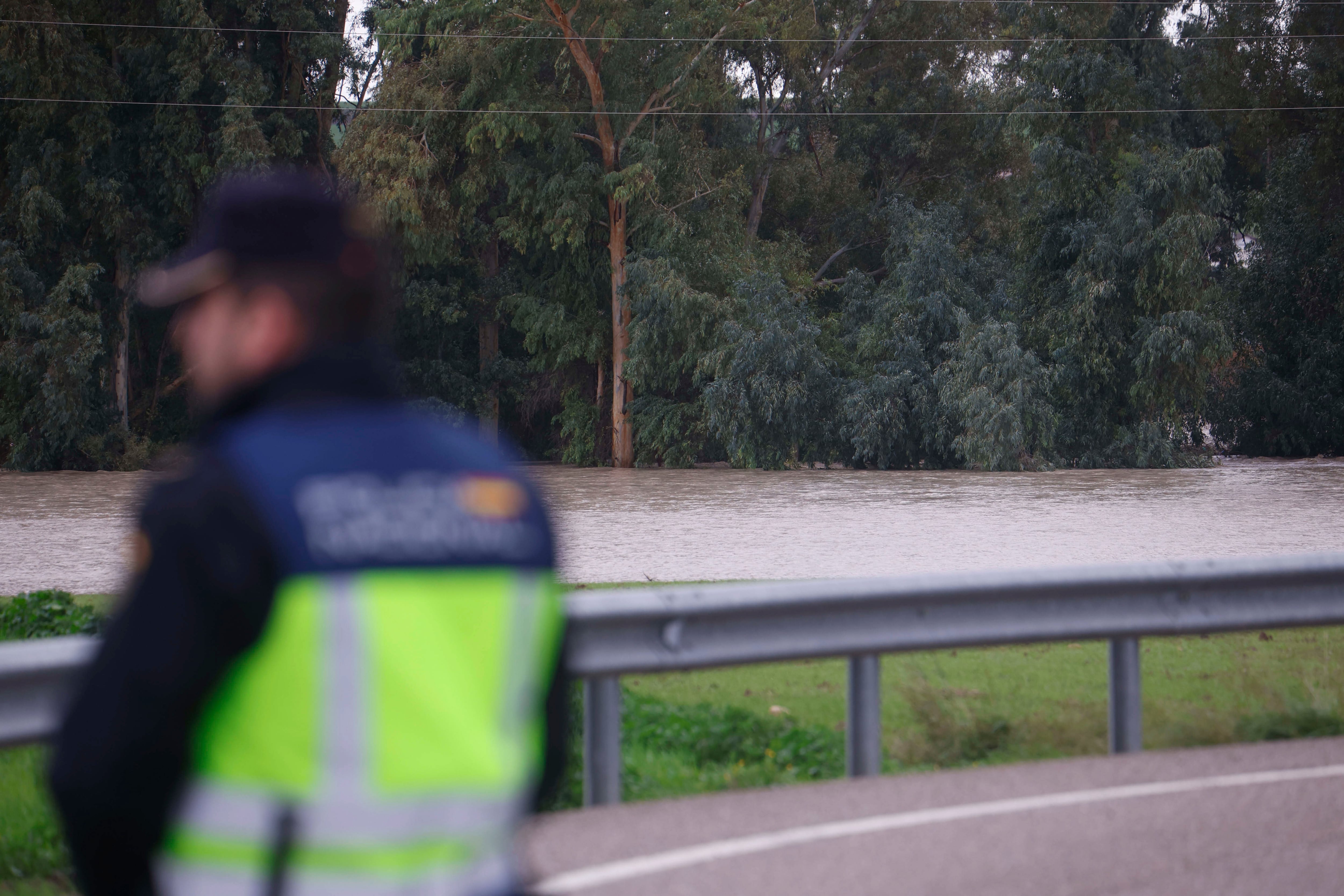  Un agente de Policía controla el acceso a las parcelas de Guadalvalle, en la zona del aeropuerto de Córdoba, donde este viernes varias personas fueron desalojadas. EFE/Salas