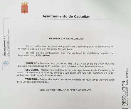 Resolución de alcaldía en la que se decretan dos días de luto oficial en la localidad de Castellar