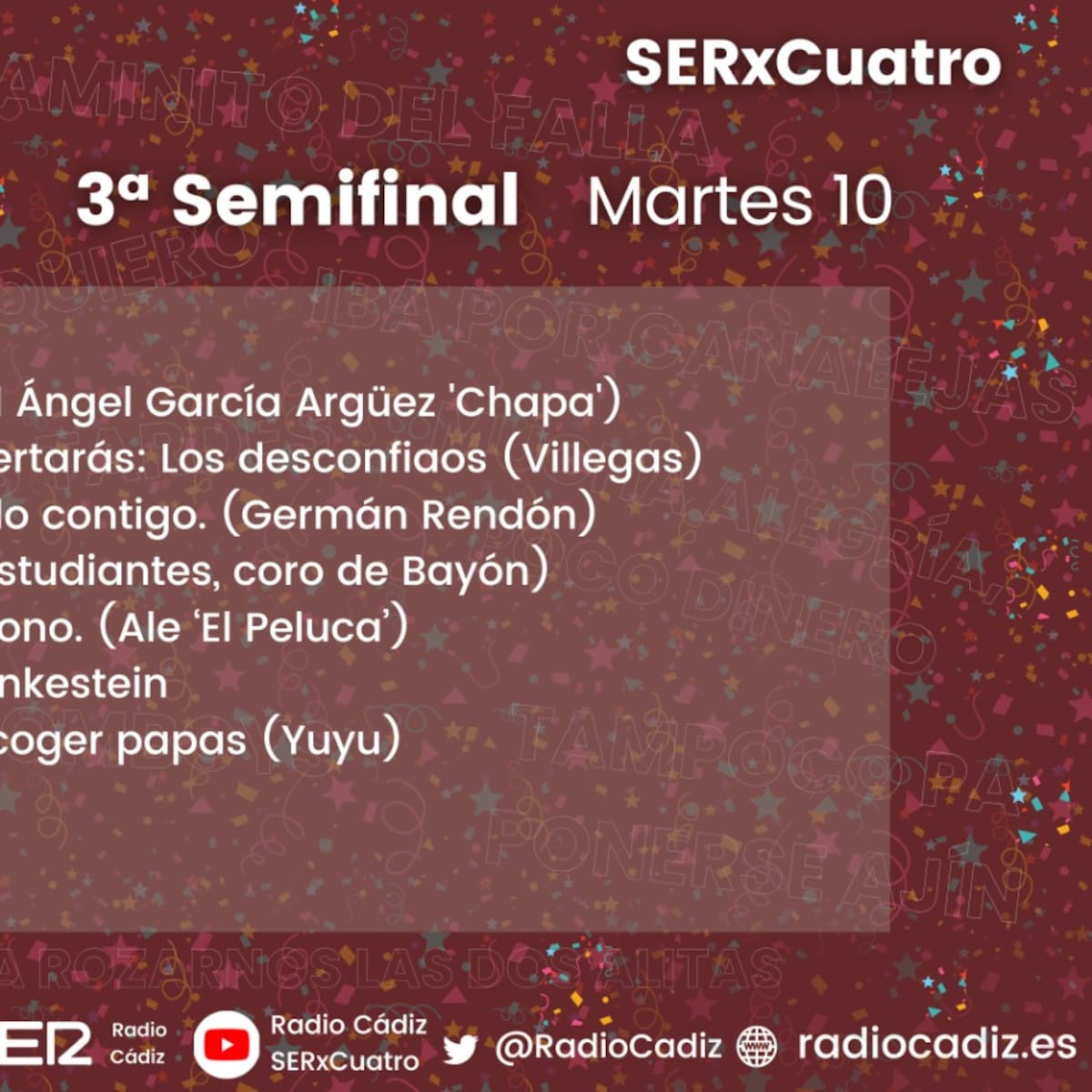 Quién canta hoy en el COAC 2026: Orden de actuación de la tercera sesión de Semifinales del Carnaval de Cádiz