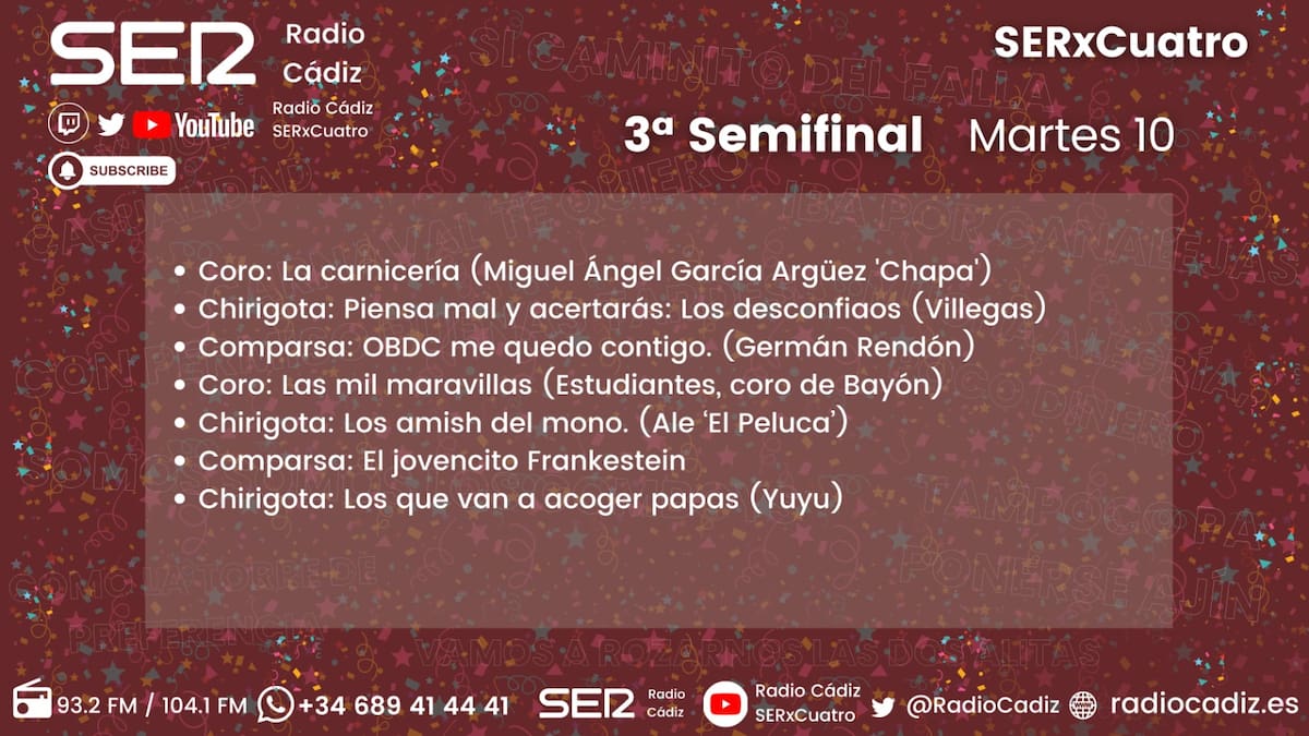 Quién canta hoy en el COAC 2026: Orden de actuación de la tercera sesión de Semifinales del Carnaval de Cádiz