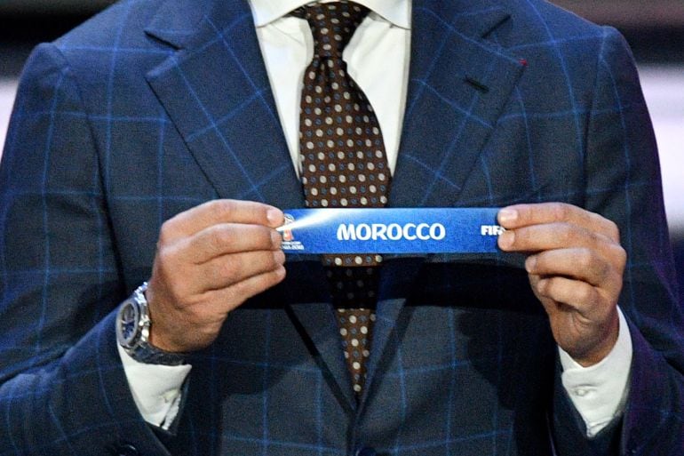 Cartel con el nombre de Marruecos en el sorteo del Mundial