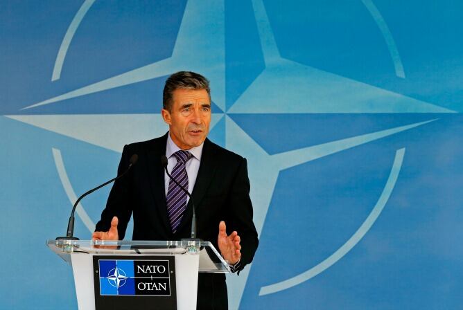 El Secretario General de la OTAN Anders Fogh Rasmussen, habla durante una conferencia en la sede de la Alianza en Bruselas.