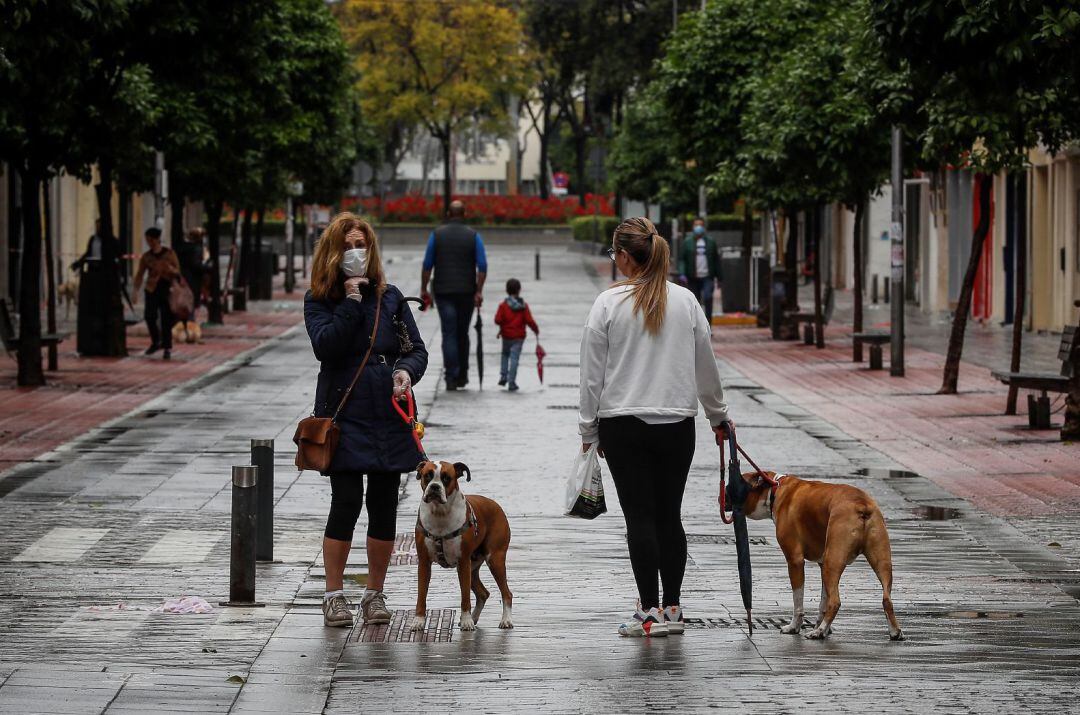 Paseos de adultos con niños y otros con perros en la calle Asunción de Sevilla
