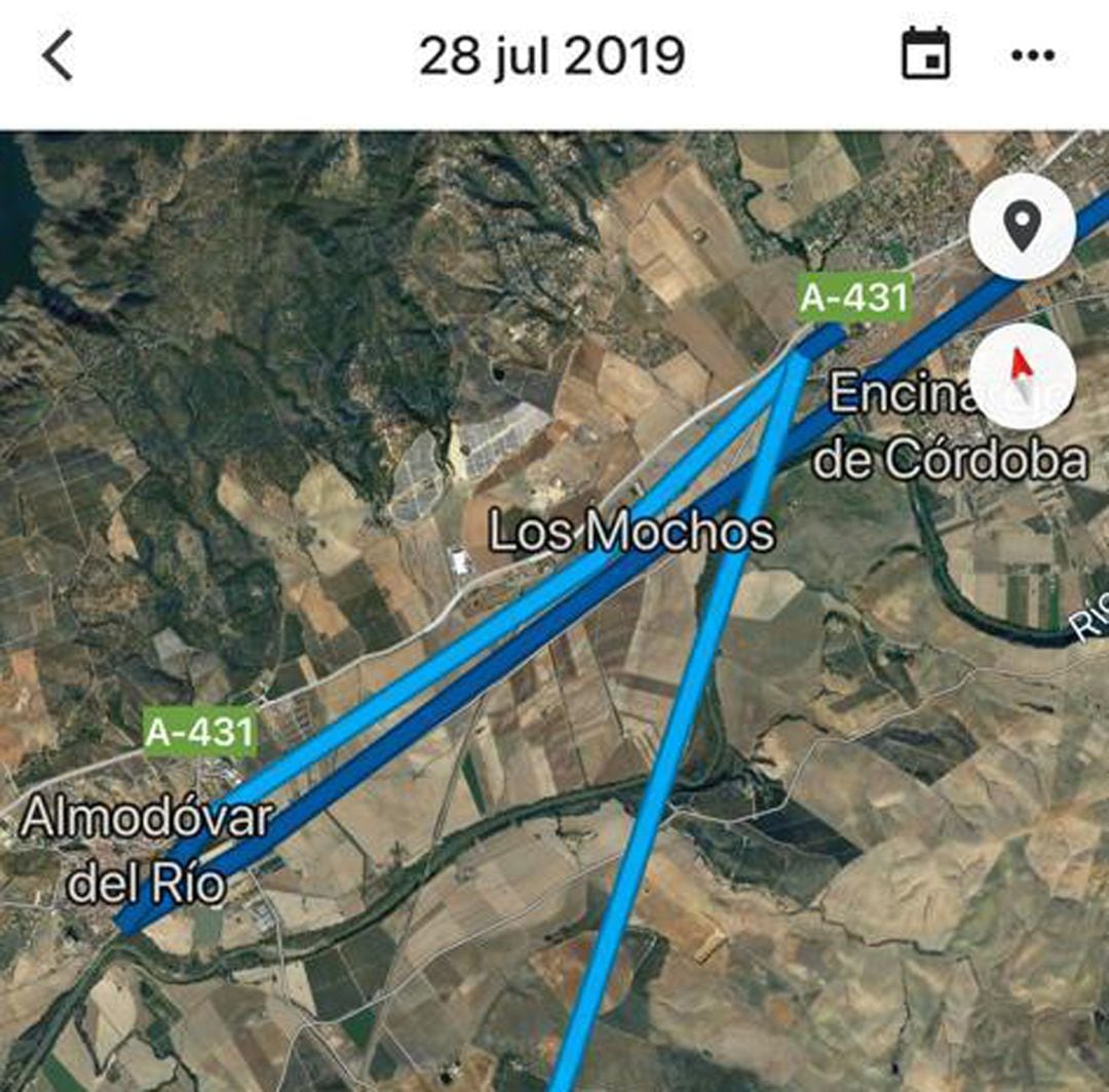 Mapa de itinerario de la cuenta de Google Maps de Antonio Espisona, usuario del AVE de Granada que tuvo que circular marcha atrás tras  &#039;colarse&#039; en la vía de Sevilla
