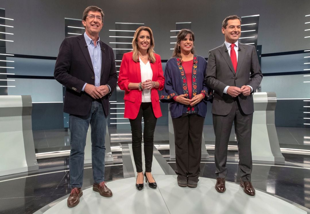  Los cuatro principales candidatos a la Presidencia de la Junta de Andalucía antes de iniciar el debate electoral esta noche en Radio Televisión Española (RTVE)