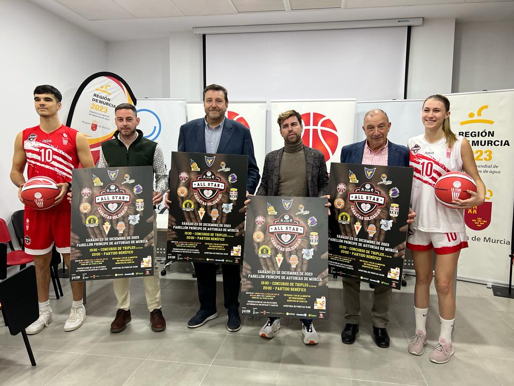 Fran Hernández, de Sercomosa Molina Basket, Miguel Ángel Noguera, concejal de Deportes del Ayuntamiento de Murcia, Juan Carlos Hernández, Presidente de la Federación de Baloncesto de la Región de Murcia, Fran Sánchez, director general de Deportes,  Jesús Martínez-Pujalte, subdirector de Cáritas Región de Murcia y Laura Pérez, de Hozono Global Jairis “B”