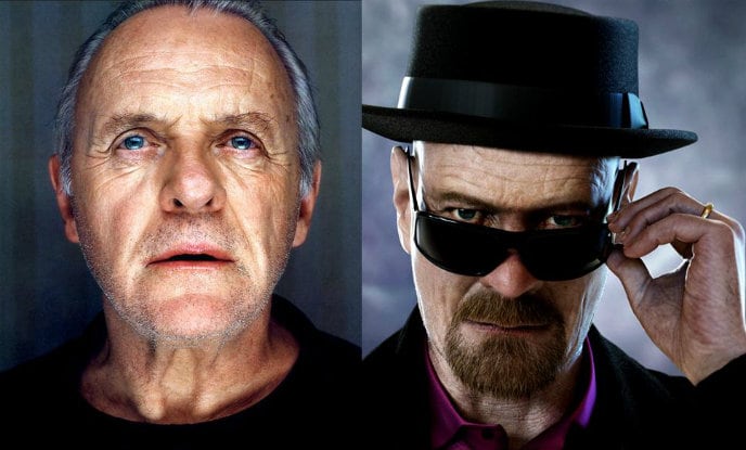 Anthony Hopkins y Bryan Cranston caracterizado como Walter White