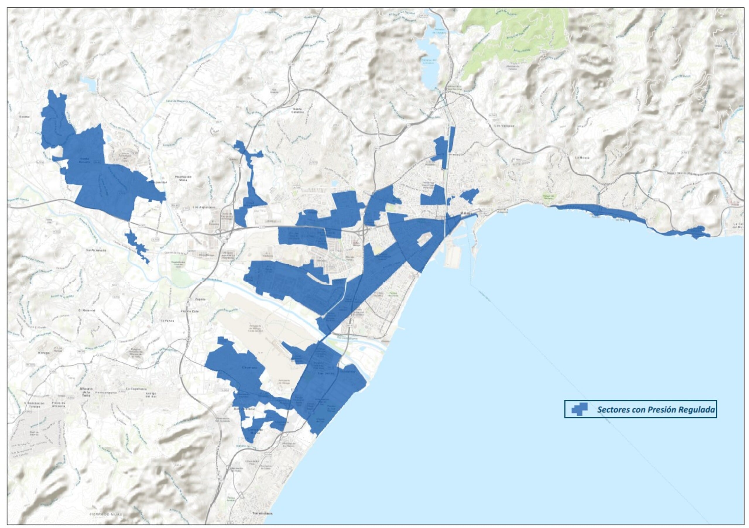 Mapa de las zonas de la ciudad de Málaga donde se aplica la bajada de la presión del agua nocturna a fecha del 14 de mayo de 2024 (Emasa)