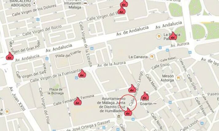 Croqui de los contenedores quemados en Málaga