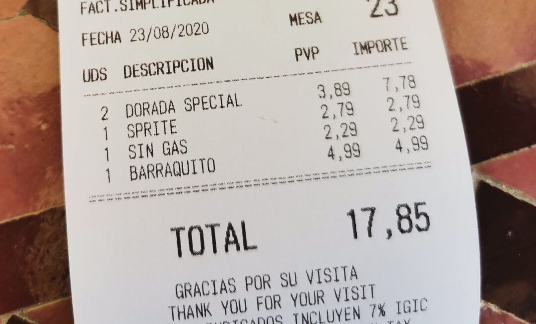 Factura emitida por el restaurante de Costa Teguise