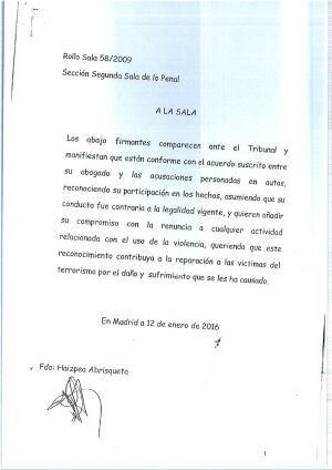 Acuerdo de conformidad porel que los procesados reconocen el daño causado a las víctimas del terrorismo y asumen que han sido usados como instrumento para los fines de ETA.