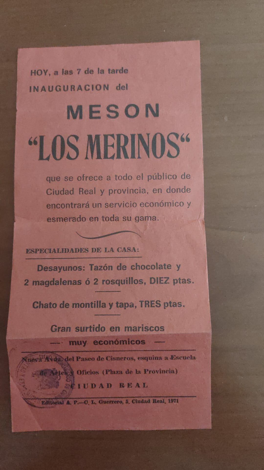 Publicidad que hizo el Mesón Los Merinos para su inauguración