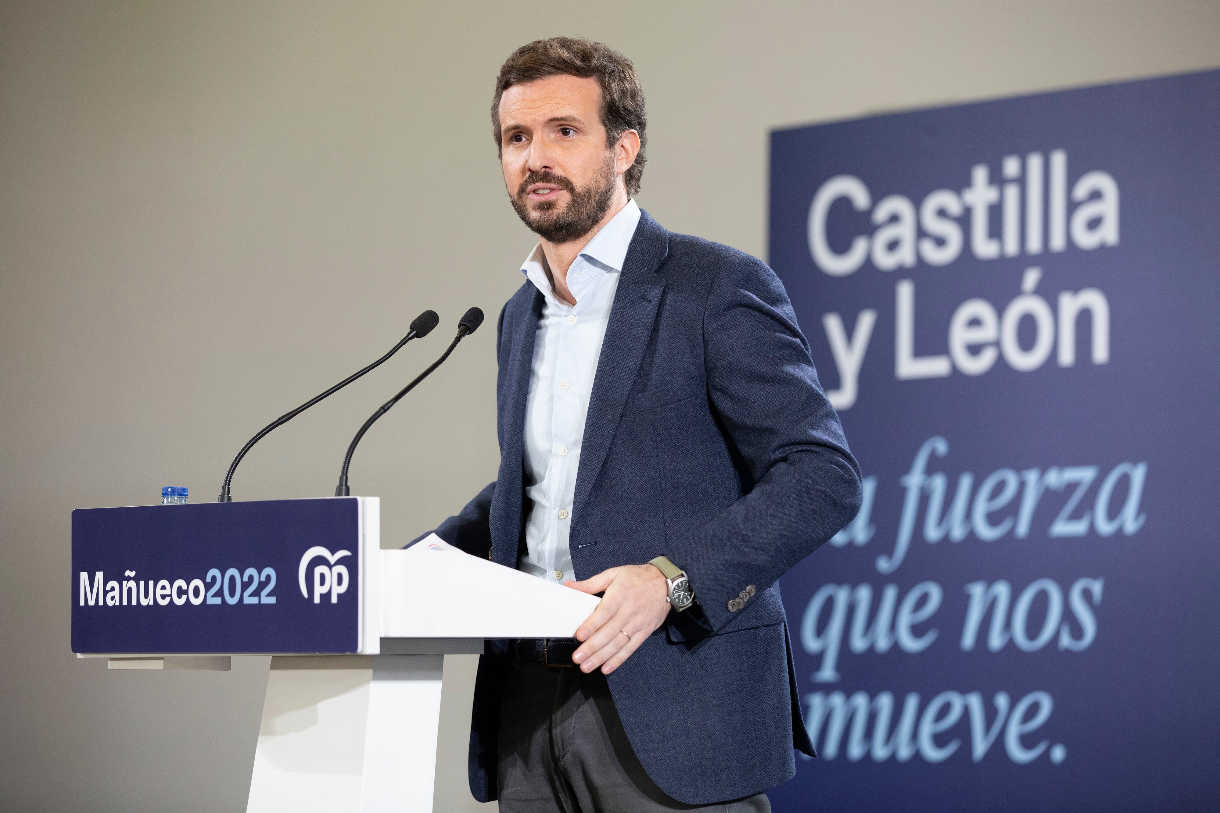 El presidente del Partido Popular, Pablo Casado, en Ávila, Castilla y León, en un acto de campaña de Alfonso Fernández Mañueco.