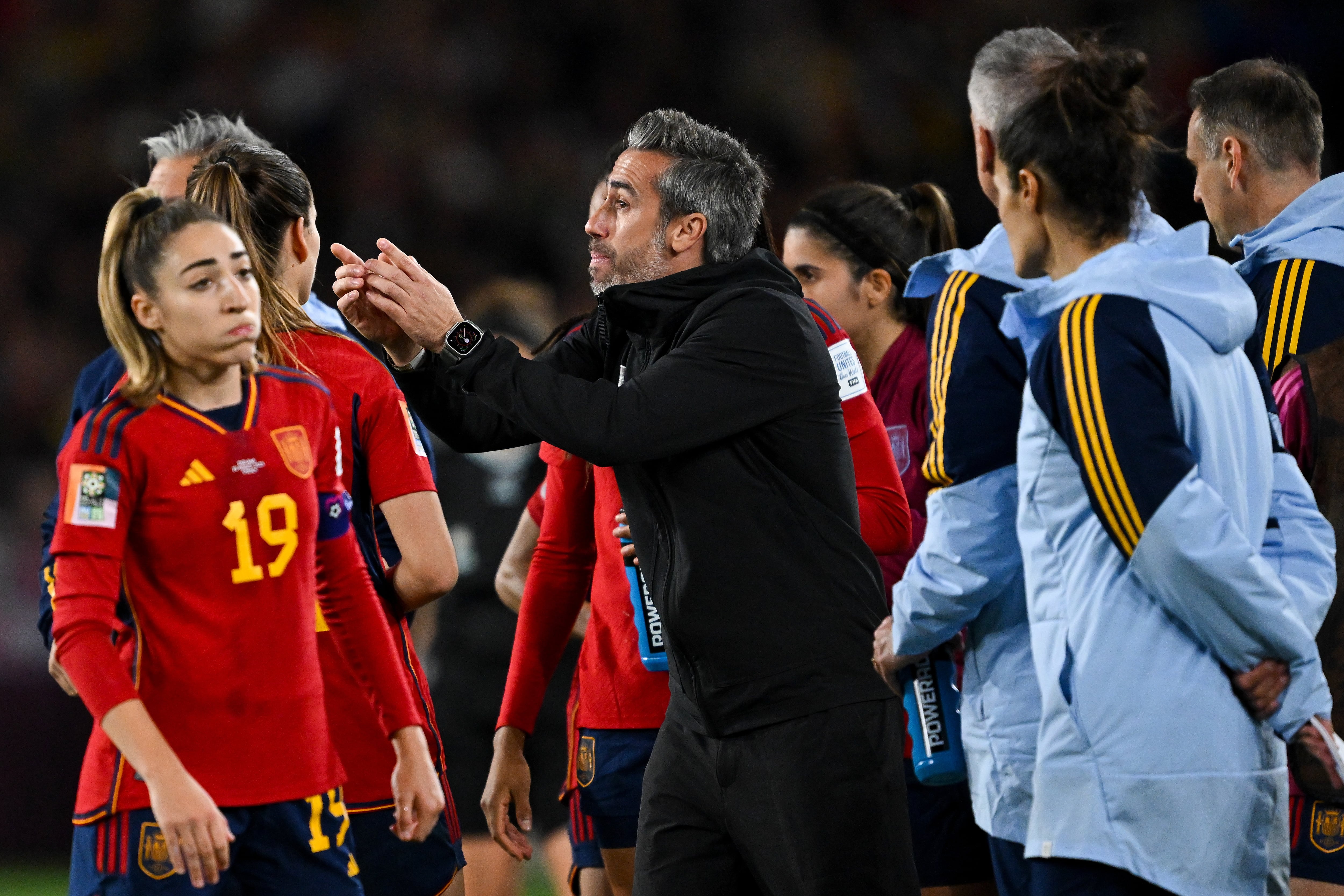 Sydney (Australia), 20/08/2023.- Spain&#039;Äôs coach Jorge Vilda speaks to his team during the FIFA Women&#039;s World Cup 2023 Final soccer match between Spain and England at Stadium Australia in Sydney, Australia, 20 August 2023. (Mundial de Fútbol, España) EFE/EPA/DEAN LEWINS AUSTRALIA AND NEW ZEALAND OUT
