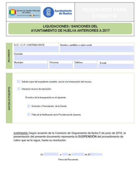 Formulario municipal para reclamar las multas.