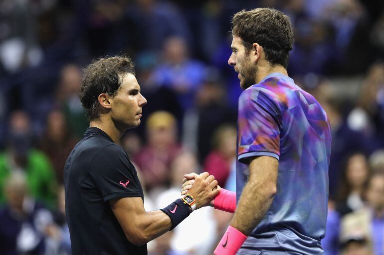 Nadal y Del Potro después de que Rafa le ganase en las anteriores semifinales del US Open el año pasado