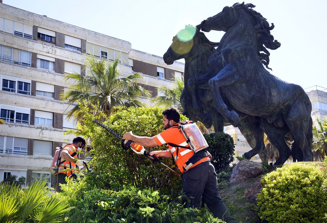 Operarios en la plaza del Caballo