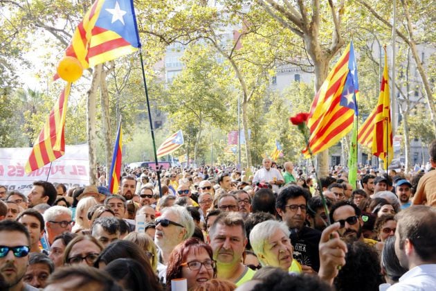 Concentración convocada por ANC y Òmnium en la Plaza Universitat.