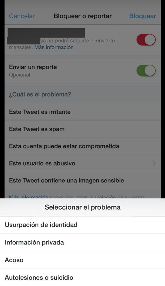 Opciones de bloqueo y denuncia en la aplicación de Twitter para iOS