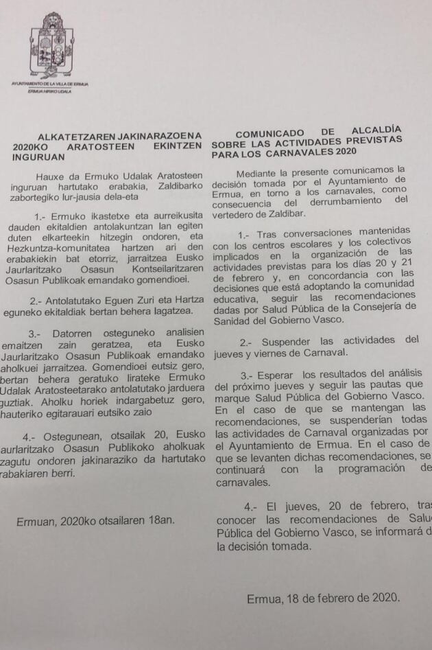 Comunicado Ayuntamiento de Ermua