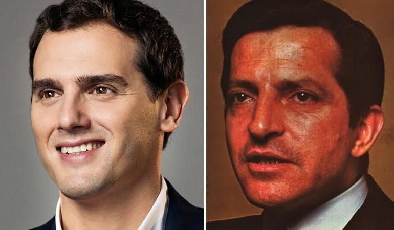 Imagen de Albert Rivera y Adolfo Suárez en sus carteles de campaña para las elecciones generales de 2015 y 1977 respectivamente 