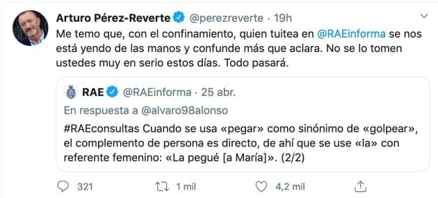 Tuit de Pérez-Reverte, en respuesta a la RAE