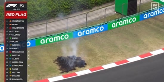 Fuego en la curva 7 del GP de China durante la sesión de libres 1