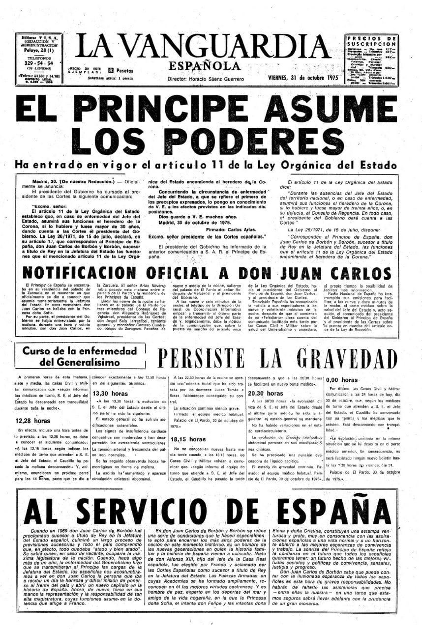 Portada del diario La Vanguardia Española del 31 de octubre de 1975
