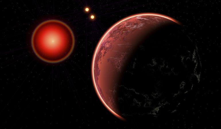 Recreación de Próxima b y las tres estrellas del sistema solar Alpha Centauri.