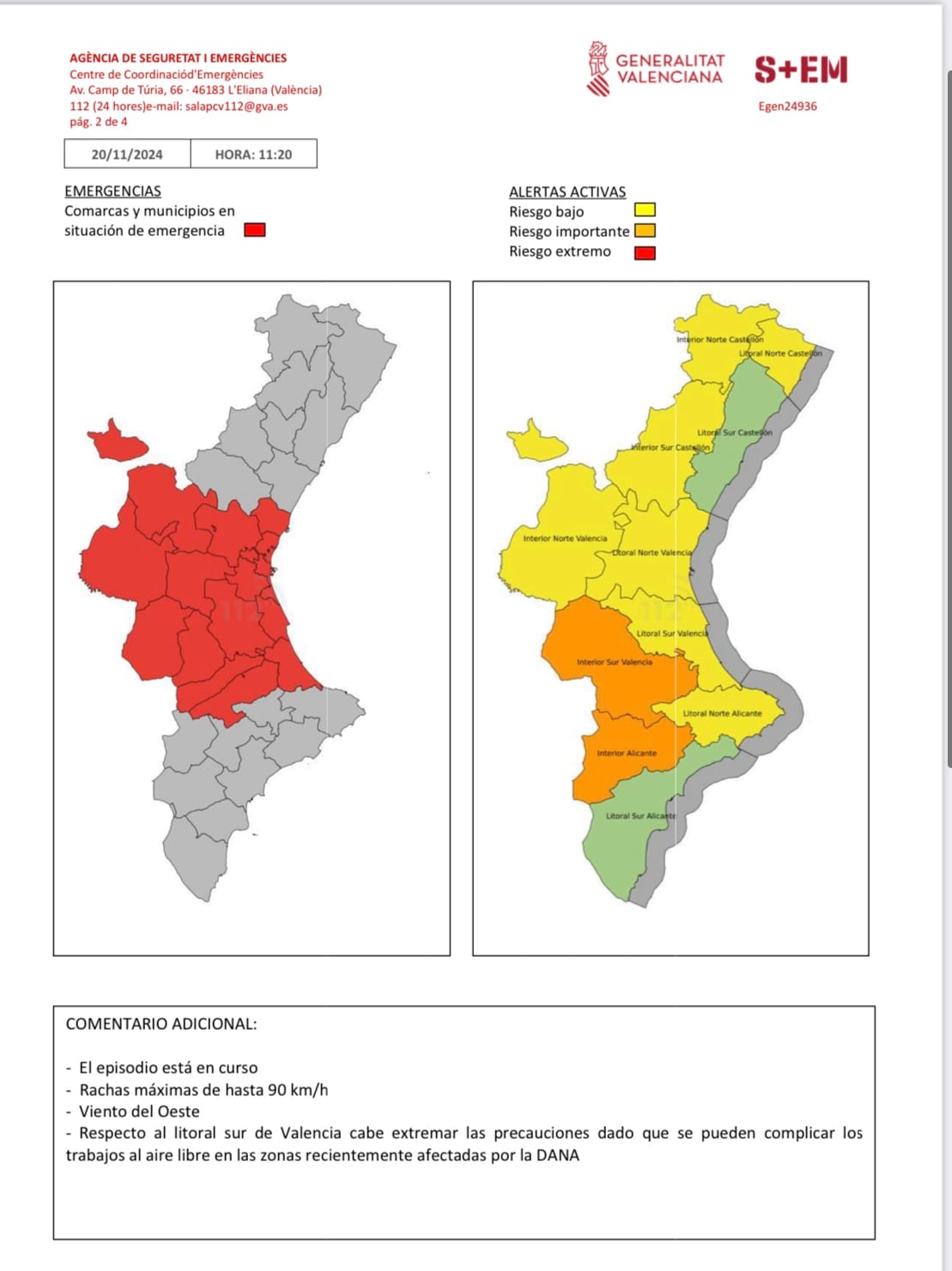 Alertas nivel naranja GVA 112. Fuente: GVA 112