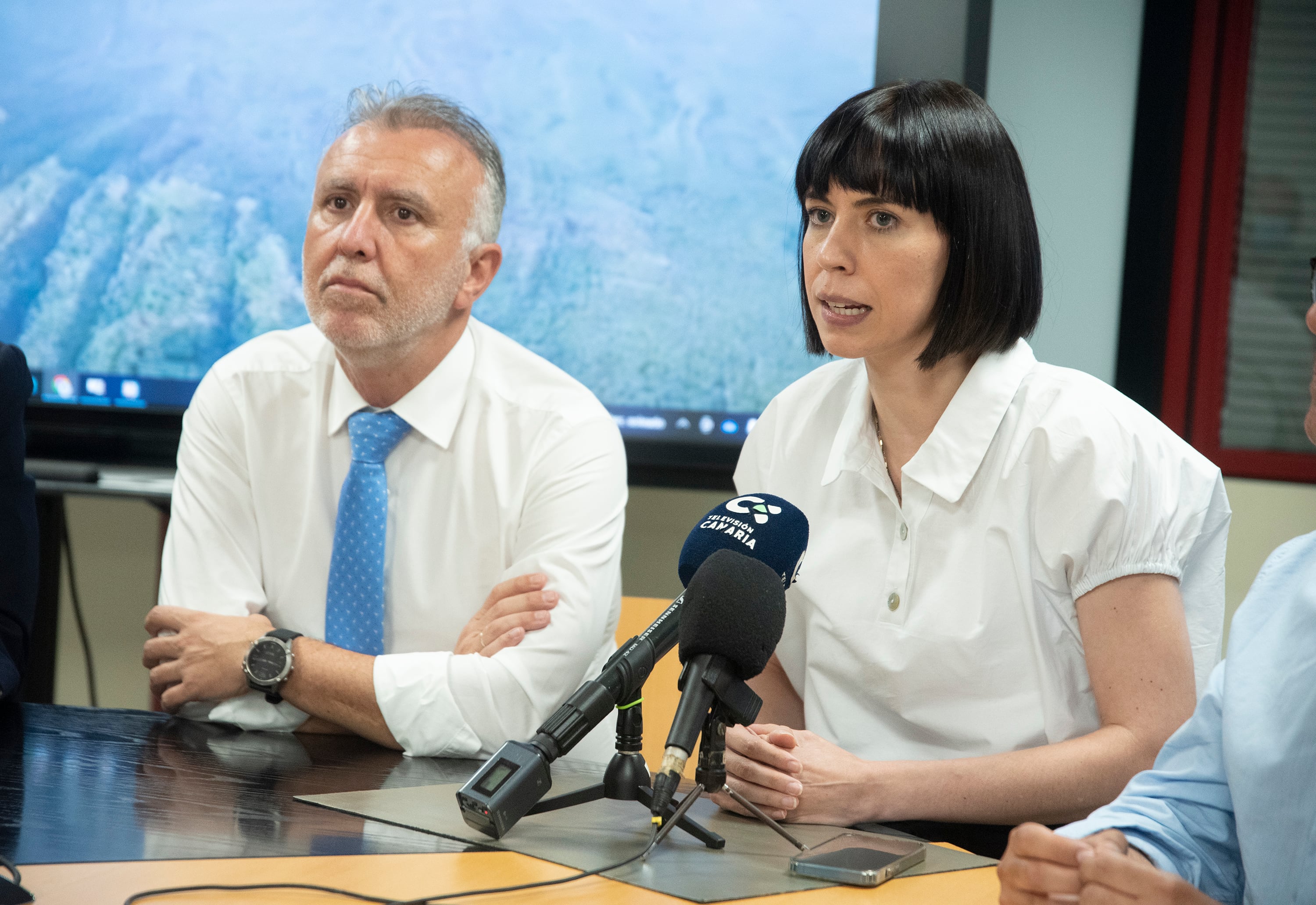 Diana Morant, ministra de Ciencia, durante la rueda de prensa posterior a la reunión de coordinación del equipo de extinción del fuego del norte de Tenerife.