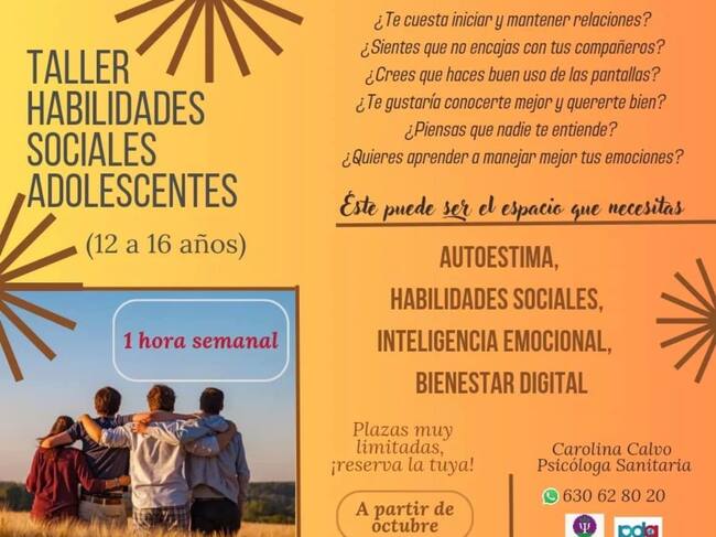 Cartel anunciador del taller de habilidades sociales que propone la psicóloga Carolina Calvo.